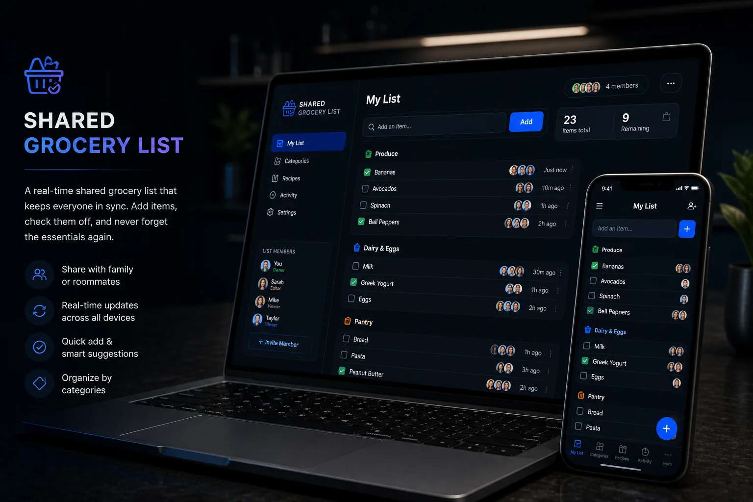 Shared Grocery List app showing household item tracking and real-time collaboration